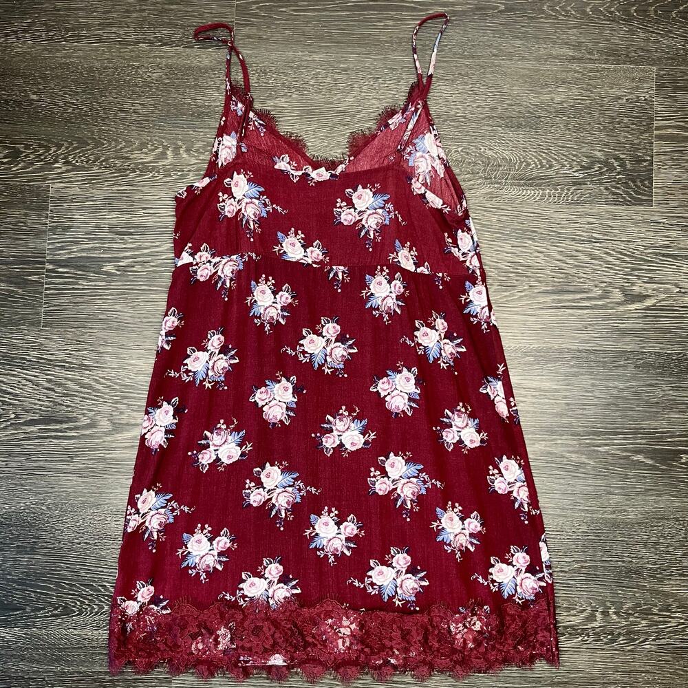 American Eagle Womens Y2k Babydoll Mini Burgundy Floral Dress Small Boho Lace - Picture 2 of 7